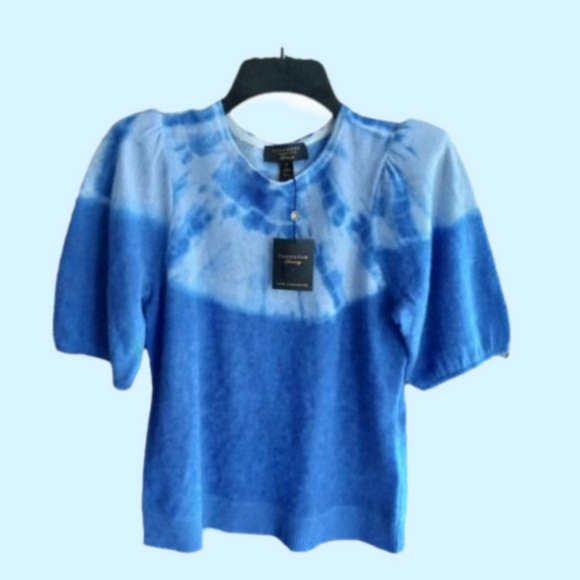 Charter Club Sweater Top 100% Cashmere Crew Neckline Puff Sleeve Two-Tone Blue S - Picture 1 of 14